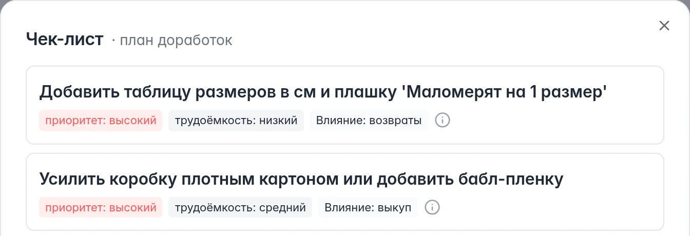 Чек-лист по товару: конкретные действия, их приоритет и трудоёмкость