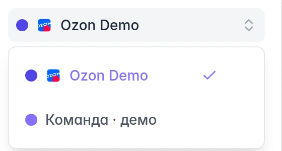 Выбор проекта Ozon в верхней части бокового меню MPMind