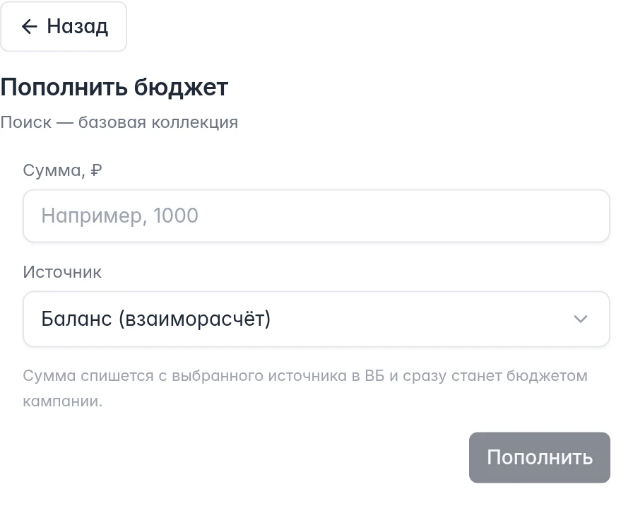 Пополнение бюджета кампании WB: сумма в рублях и выбор источника средств