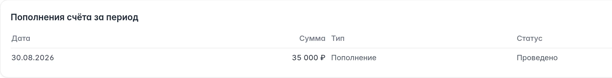 История пополнений рекламного счёта WB с датой, суммой, типом и статусом операции