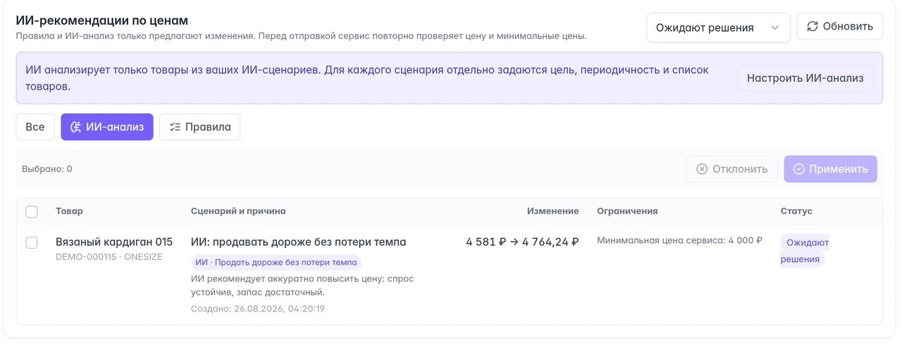 Рекомендации ИИ по товарам с причиной, текущей и новой ценой
